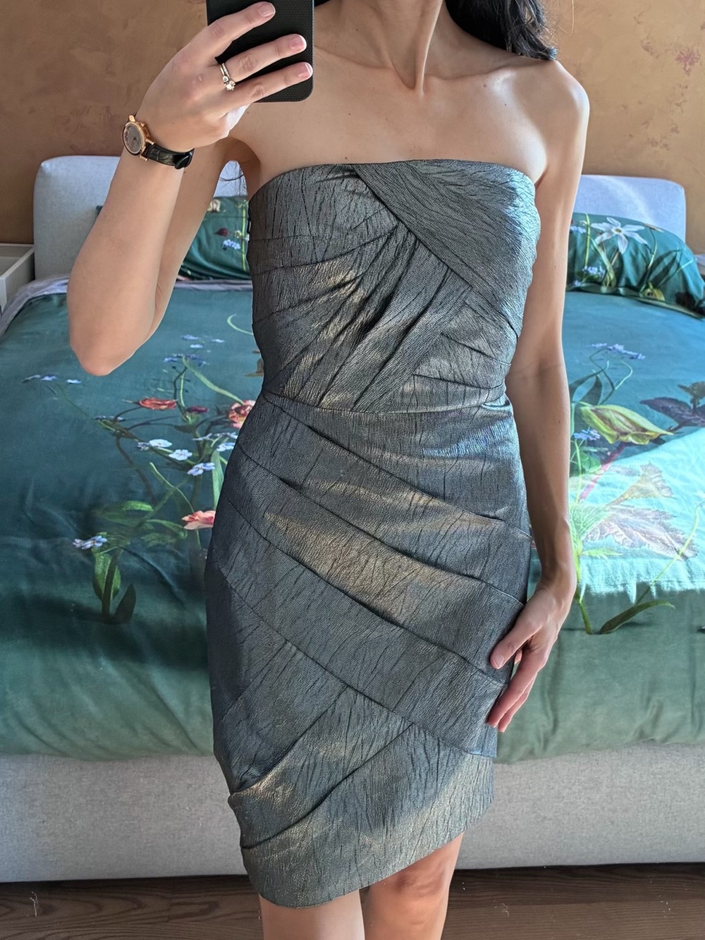 REISS One-Shoulder OR Strapless Metallic Gray Sheath Dress